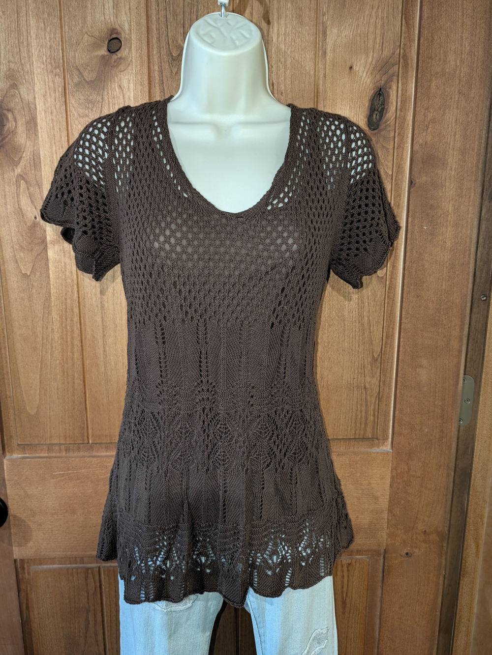 Axcess Brown Crochet Knit V-Neck Lined Top